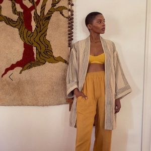 Oddbird Co. Beige and charcoal striped Fener Linen Kisa-Cut Robe